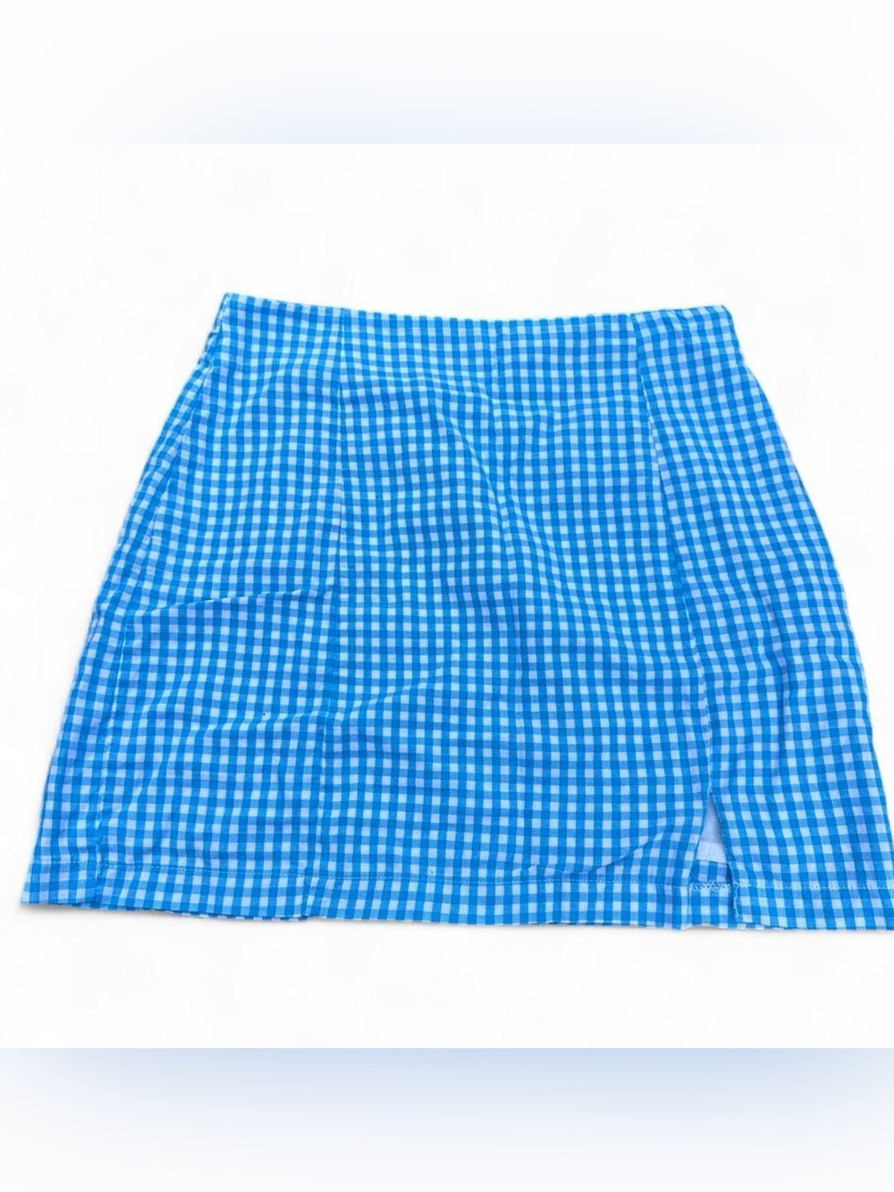Minga london Women’s Blue Gingham 100% Cotton Mini Skirt W/ Slit - Medium